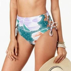 Hula Honey High Waisted Bikini Bottoms Floral Green Lace Up Sides Juniors Small